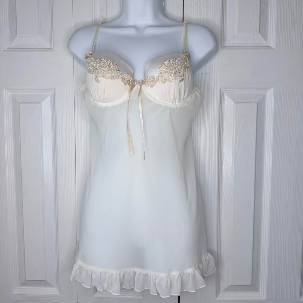 Linea Donatella Babydoll Chemise Women M Ivory Lace Pearl Bridal MG2085H